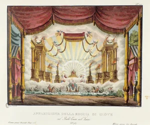 Appearance of the Kingdom of Jupiter. Scenography for the representation of the opera drama “Enea nel Lazio” (1799) by Giuseppe Sarti. Lithography in “Raccolta di invenzioni sceniche del 1830 di Alessandro Sanquirico (1777-1849)”