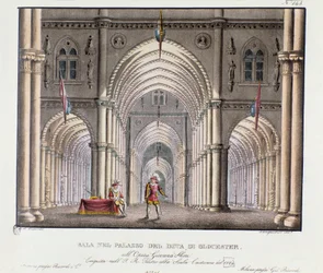 View of the hall of the palace of the Duke of Gloucester Scenography for the representation of the opera 
