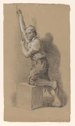Man Kneeling on a Block, Facing Left, Pulling a Rope