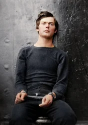 Lewis Powell in wrist irons aboard the USS Saugus, 1865