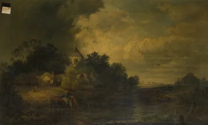 Romantic Landscape with Horses Drinking