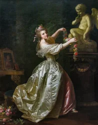 Young Woman Decorating the Statue of Love