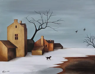 Dog in Snowy Village