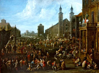 A market scene with street performers and other figures