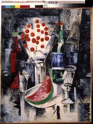 Still Life with Vase and Bottles. Slice of Watermelon and Cherries. Painting by Alexandra Alexandrovna Exter (1882-1949)
