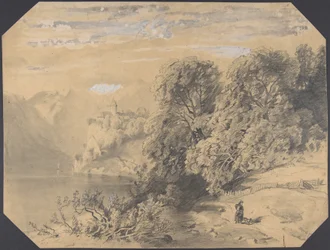 Woman with a Dog by a Mountain Lake