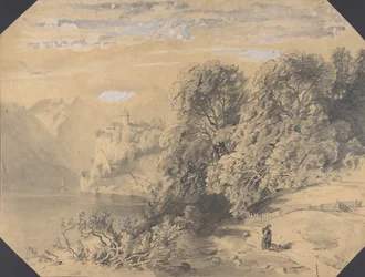 Woman with a Dog by a Mountain Lake