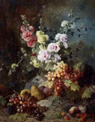 Still Life with Flowers and Fruits with Grapes, Pears, Plums, and Raspberries