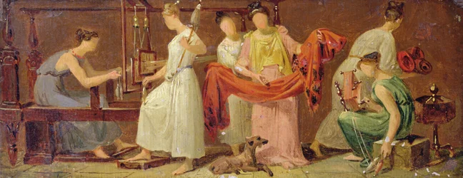 Six Women Weaving in an Interior