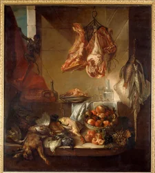 A kitchen interior still life of game, fruit and meat. Painting by François Desportes (1661-1743), 18th century. Châlons-sur-Marne, Museum of Fine Arts