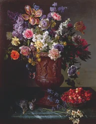 Flowers in a Sculpted Urn with a Bowl of Wild Strawberries and Hare on a Ledge