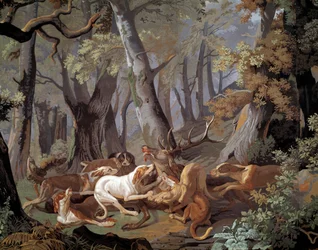 Stag Hunting Dussy wallpaper after a painting by Alexandre-Francois Desportes