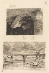 River Landscape with a Bridge; Monkey Paging through a Book