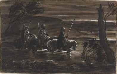 Three Arab Horsemen Crossing a River