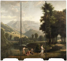 An Arcadian Landscape with Maidens Gathering Flowers by a River Bank, a Hilltop Castle Beyond