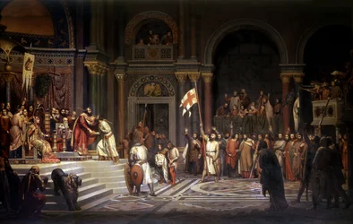Godfrey of Bouillon received by Alexis Comnene, Emperor of Constantinople, in 1097, during the defence of the city against the Turks during the 1st Crusade in 1096-1099