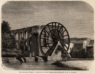 La noria (hydraulic machine for raising the water level using the energy produced by the current) on the Oronte River, a river in the Middle East that crosses Syria to the Mediterranean Sea, drawing by A.de Bar, to illustrate the mission of Ernest Renan
