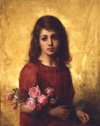 Portrait of a Young Girl Holding a Bunch of Roses