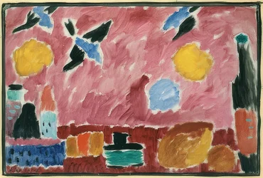 With Red Swallow Wallpaper (Still Life with Bottle, Bread, and Red Swallow Wallpaper). 1915