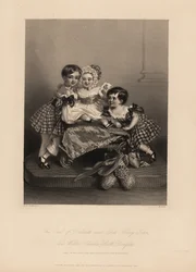 Earl of Dalkeith (William Henry), Henry John and Walter Charles Scott Douglas, son of the 5th Duke of Buccleuch, 7th Duke of Queensberry. Two sons wear tartan dresses with ribbons, with the youngest in a bonnet and satin dress.