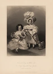 Viscount Grey de Wilton and Elizabeth Grey Egerton, children of Thomas Egerton, 2nd Earl of Wilton. Daughter in ringlets and frilly dress holding a doll, and son in dress and feather bonnet holding a ribbon tied to a toy horse.