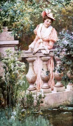 Leisure Moments. An elegant woman looks at a basin leaning against a balustrade. Painting by Alfred Augustus I Glendening. Private collection