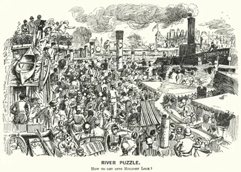 Punch cartoon: Congestion on the River Thames at Molesey Lock, Surrey (engraving)