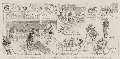 Race Between Bicycles and Horses at the Agricultural Hall, Islington