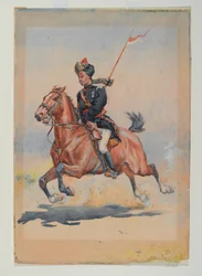 A Jat Sowar of the 6th Cavalry mounted, galloping, with slung lance