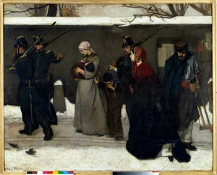 The So-Called Vagrancy, also called “The Hunters of Vincennes”: National Guardsmen stop families in the street. Dimensions: 1.3 x 1.6 m. Paris, Musée d