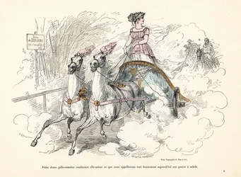 Gallo-Roman woman riding a biga two-horse chariot in the Bois de