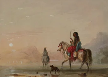 Indian and His Squaw Fording a River