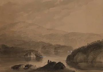 View of Men Fishing from a Rock in a Lake
