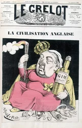 English civilization: Victoria, a bottle of gin in hand, sitting on Egypt, Ireland, India, Africa and China - by Alfred Le Petitty, in 