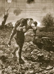 Temporary Lieutenant G. St. G. S. Cather bringing in a wounded man in full view of the enemy and under machine-gun and artillery fire