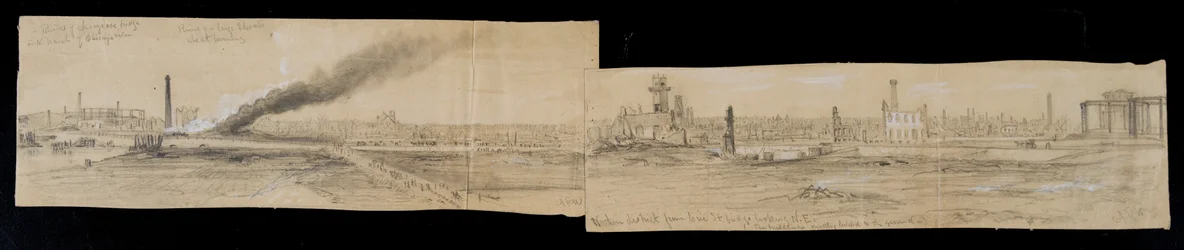 Northern district from the Erie Street Bridge, looking east, during the Chicago Fire of 1871