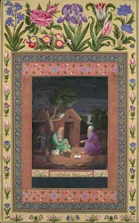 Two Old Men in Discussion Outside a Hut, Folio from the Davis Album, A.H.1085/A.D.1674-75