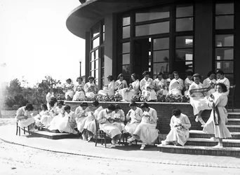 Villa Rosa Maltoni Mussolini: Female Students During a Sewing Lesson, Outdoors