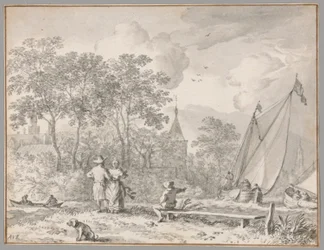 Landscape with Elegant Figures by a River, with Boats to the Right and a Town Behind Trees Beyond