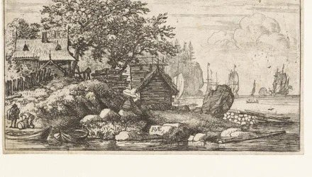 River landscape with two rowing boats, Rocky landscape by the sea