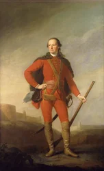 Portrait of Charles, 5th Earl of Elgin and 9th Earl of Kincardine, Standing Full Length in a Scarlet Costume and Fur-Trimmed Cape Holding a Musket in a Romantic Landscape with a Castle Beyond