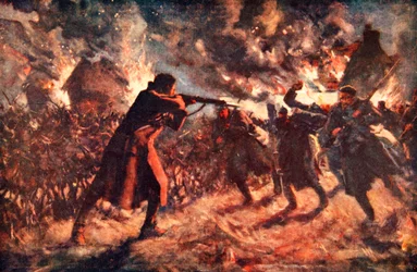 Private Meston attacking, single-handed, several of the enemy who were advancing, after capturing a British Trench