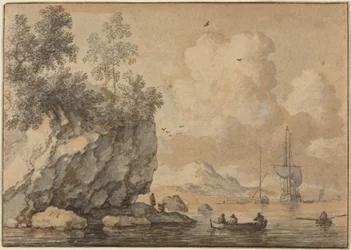 Figures in Rowing Boats in a Rocky Cove, Sailing Ships Beyond