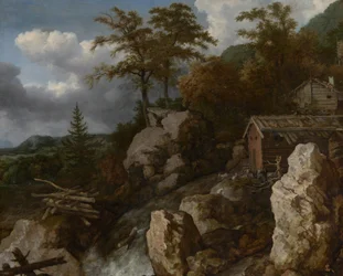 Waterfall with Log Cabins, c.1665-1670