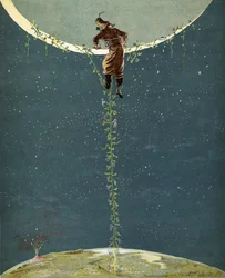 Baron Munchausen climbs up to the moon by way of a Turkey bean plant