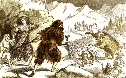 Prehistory-mammoth hunting. Ice Period: Natural Creation and Living Beings. Drawing by A. Demarle. 1885