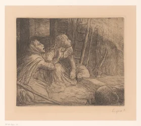 Two Kneeling Women Looking Up