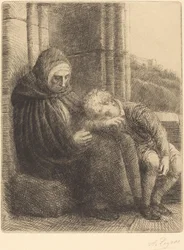 Woman Seated against a Wall, Child with His Head in Her Lap