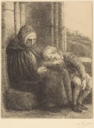 Woman Seated against a Wall, Child with His Head in Her Lap