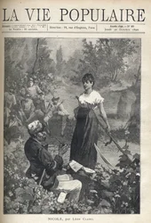An Old Man Reads a Letter to a Beautiful Young Peasant Holding a Fake (Reaper). Hunters are Watching the Scene in the Distance. Illustration by Alfons Maria Mucha